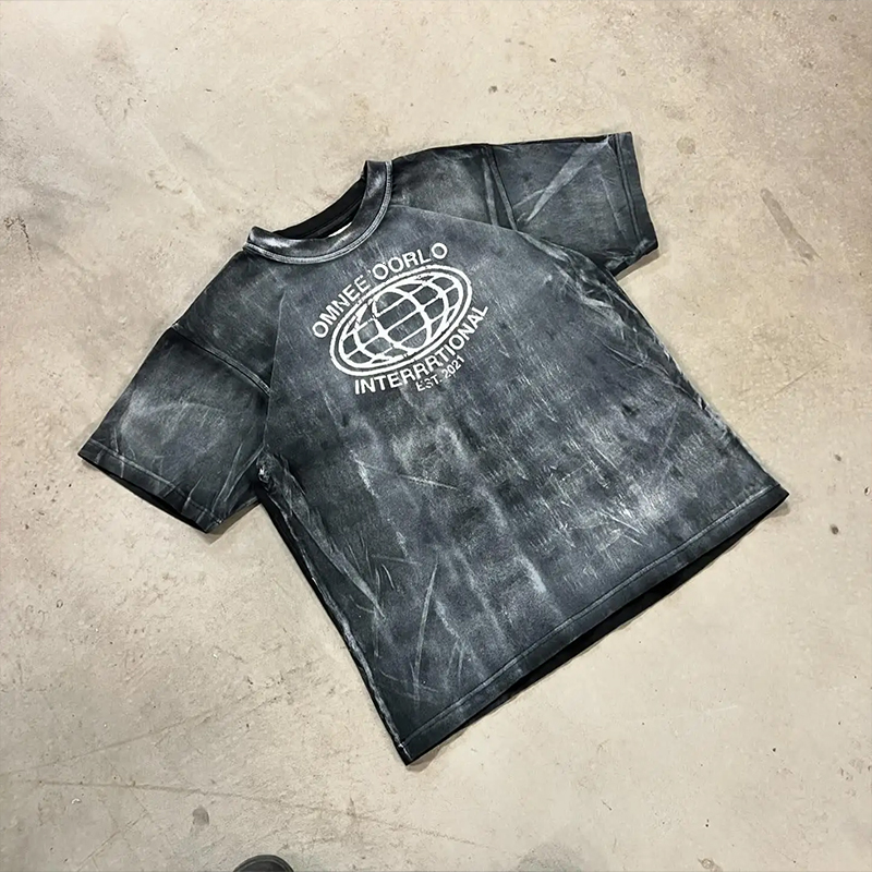 hongfeng produces fashion brand mens washed t shirt with heavy cotton and unique spray color.